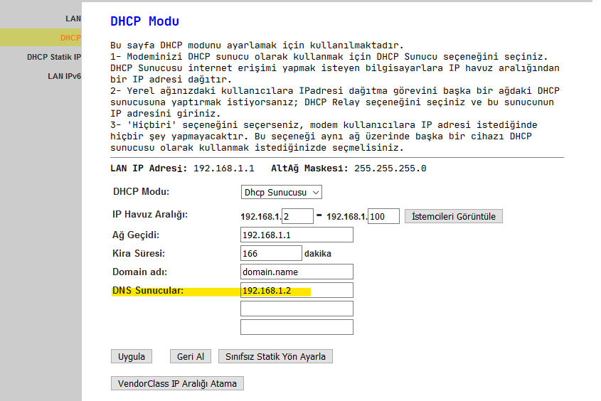 Modem arayünde DHCP ayarı