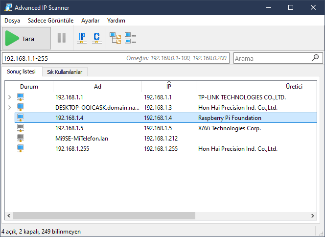 Advanced IP Scanner ile Raspberry Pi İp adresi öğrenme